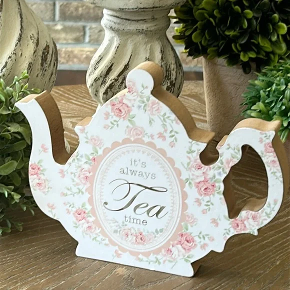 NEW!! Shabby Chic Cottage Farmhouse Teapot Tea Time Floral Pink Roses Wood Sign - Picture 6 of 6